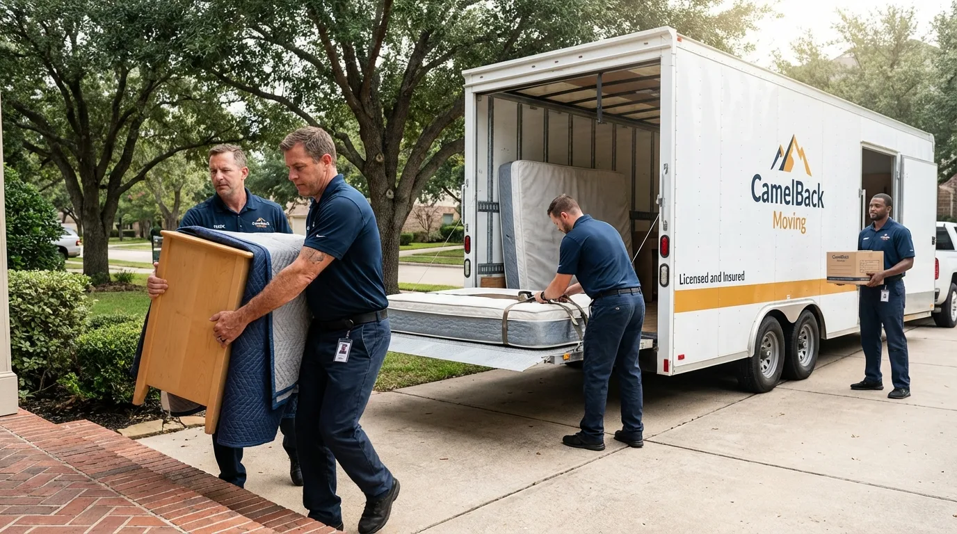 Crew loading residential truck for cross-state move from Atkins, AR