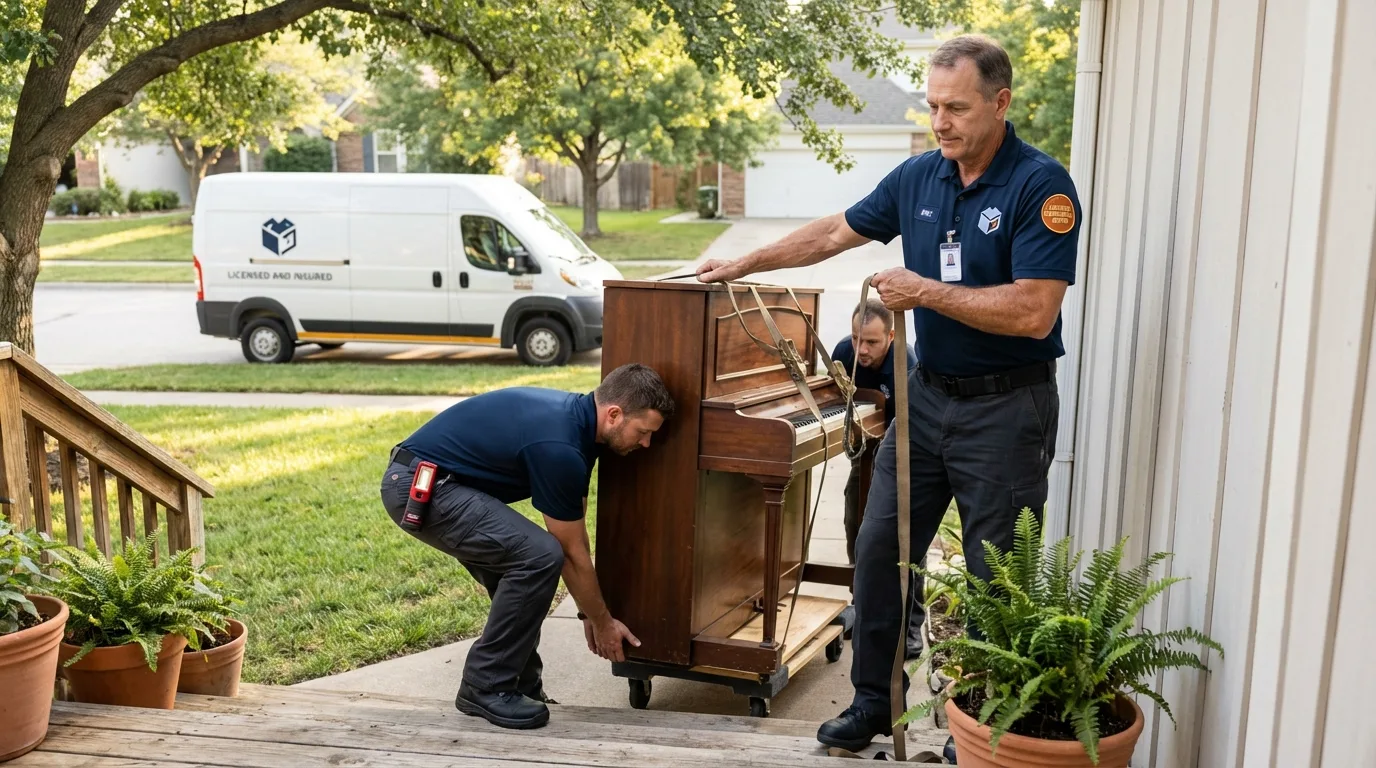 Licensed piano movers securing grand piano in Atkins, AR