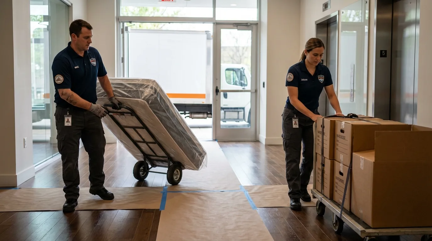 Professional apartment movers loading elevator in Atkins, AR